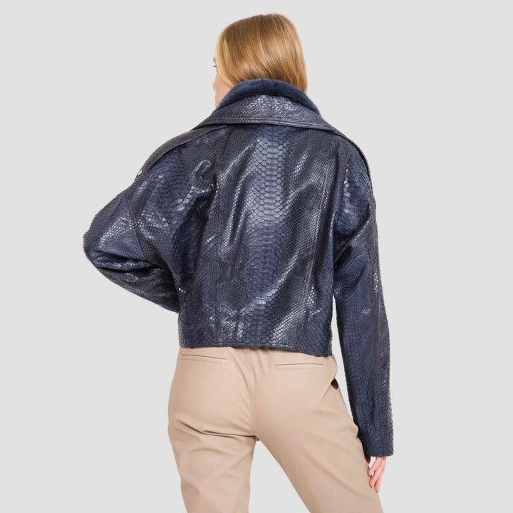 Bold and stylish, this snake skin moto jacket for women is the perfect mix of edgy and cozy. Featuring a snake skin pattern and shearling lining, it’s ideal for winter fashion.