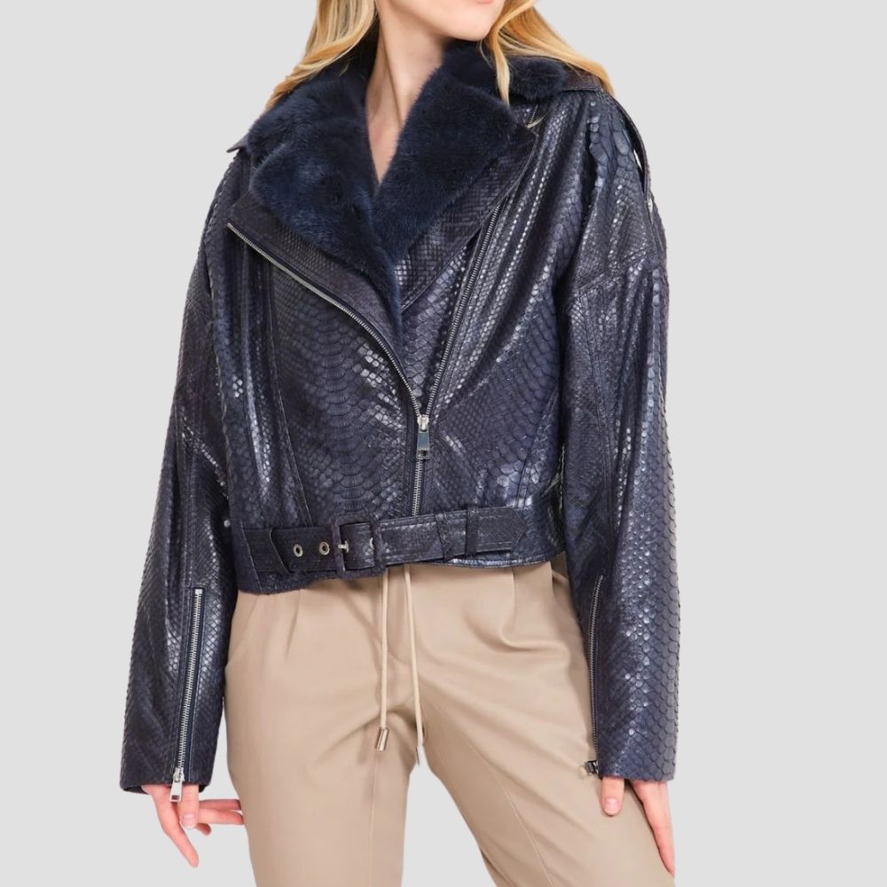 Embrace edgy style with this snake skin moto jacket for women. The bold snake skin pattern and shearling lining make it a perfect piece for winter fashion with a bold twist.