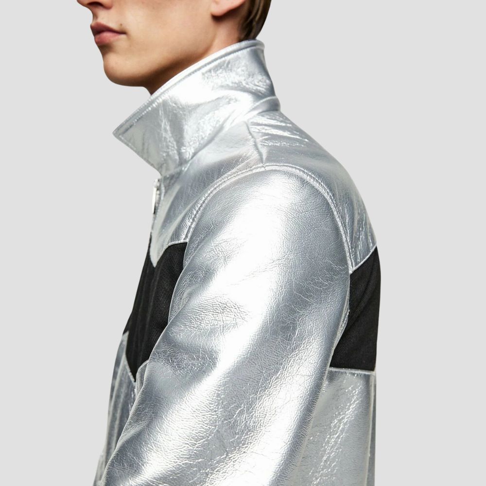 For a modern, chic look, this silver metallic jacket brings the ultimate urban style with its bold shine and sleek design.