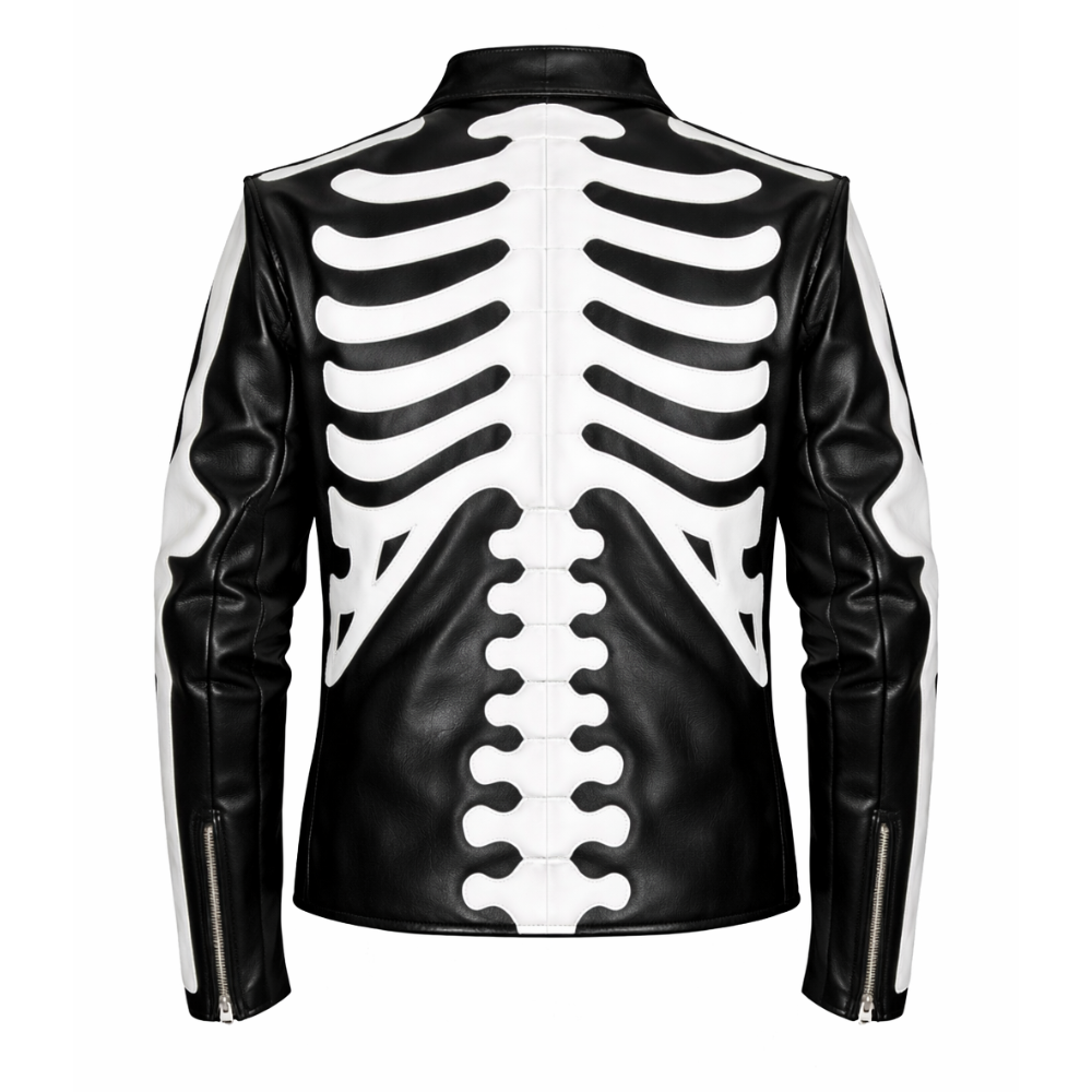 Urban streetwear white skeleton leather jacket for men