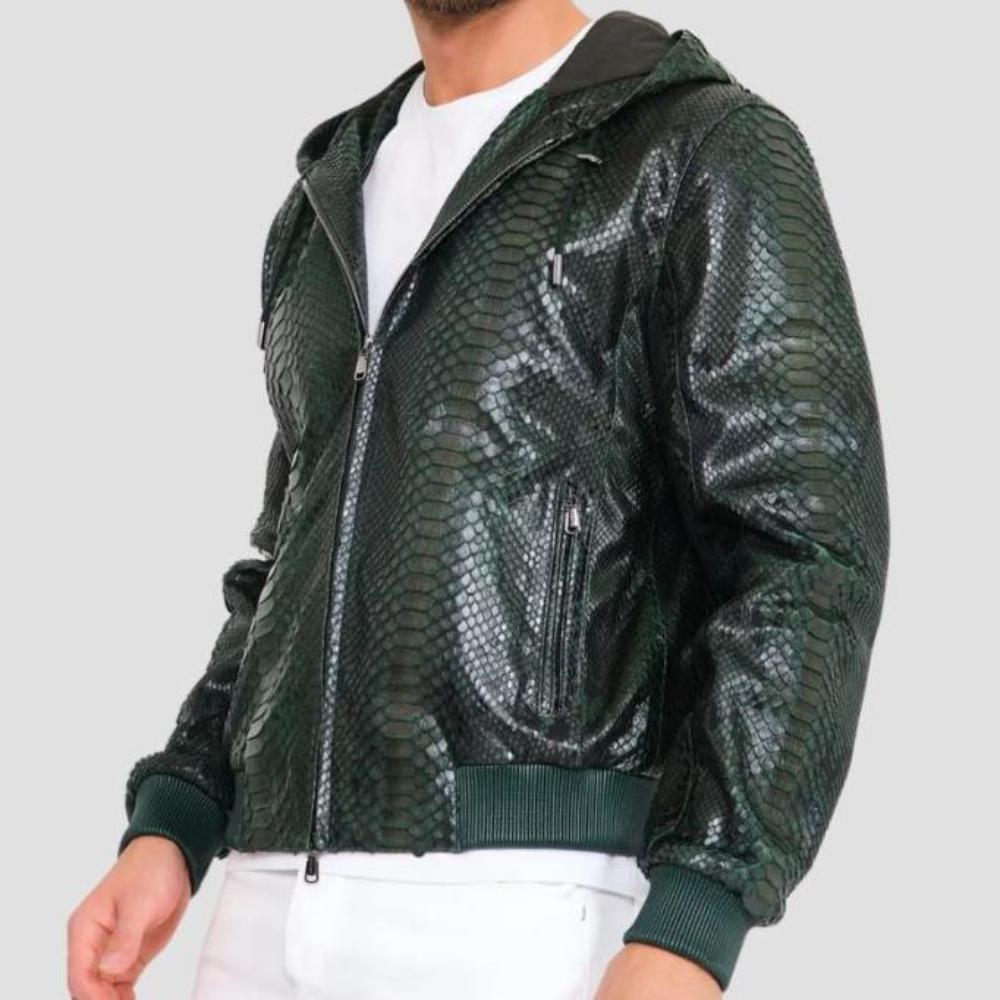 Dark green python bomber jacket with removable matching leather cap.