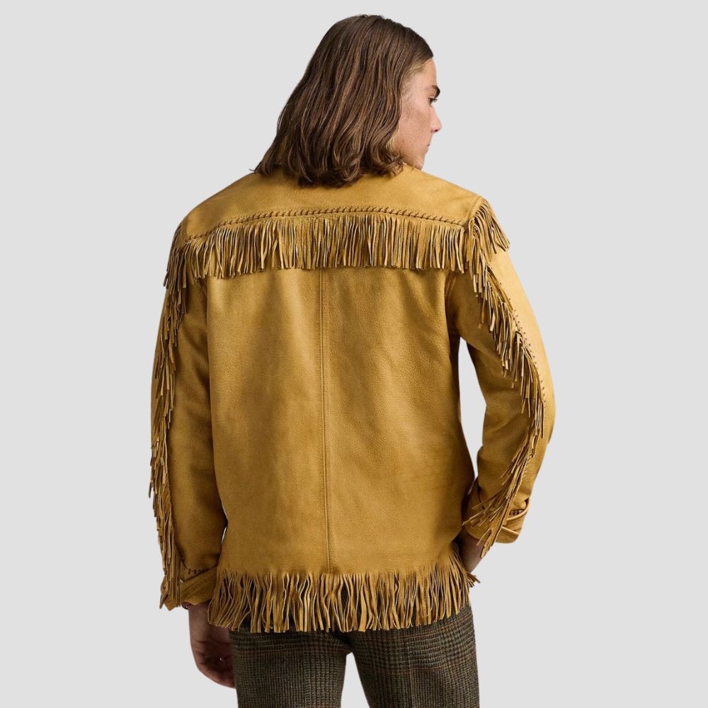 With its unique fringe detailing, this yellow leather jacket is the ultimate piece for fashion-forward men.