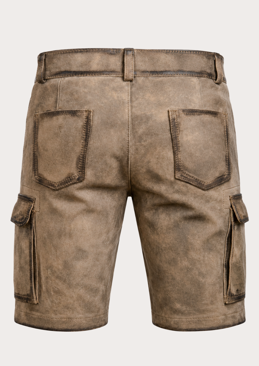 Vintage Bavarian leather cargo Lederhosen shorts for men with traditional Alpine design