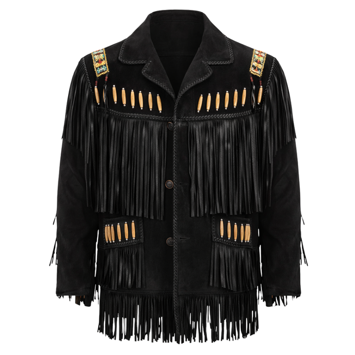 Vintage black leather fringe western jacket with tassel details