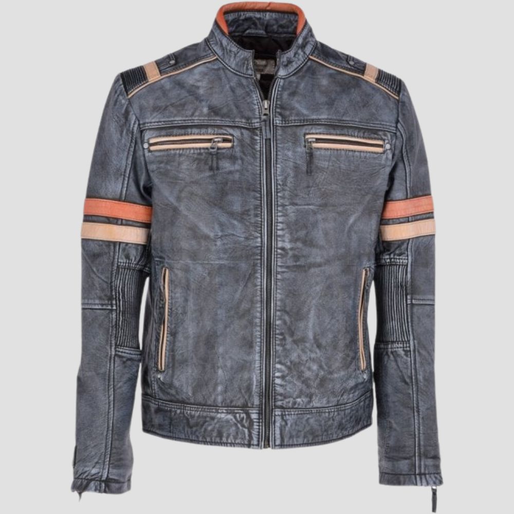 Men’s rugged leather biker jacket featuring zipper cuffs.