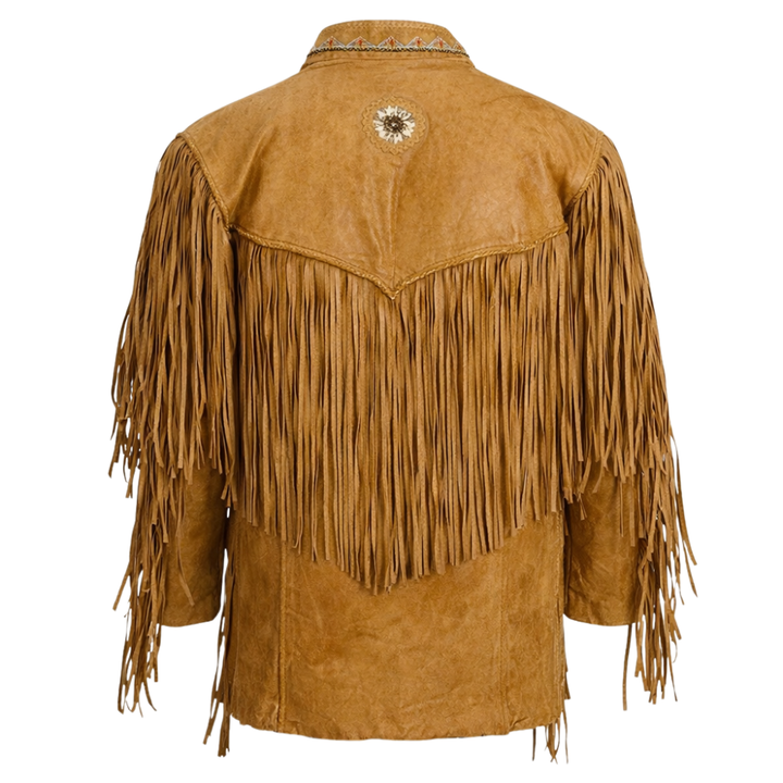 Vintage brown distressed leather fringe jacket with aged finish and tassels