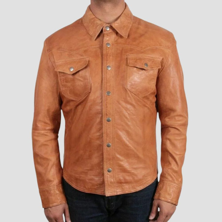 Premium Cowboy Trucker Leather Shirt for Men, crafted from soft sheepskin leather.