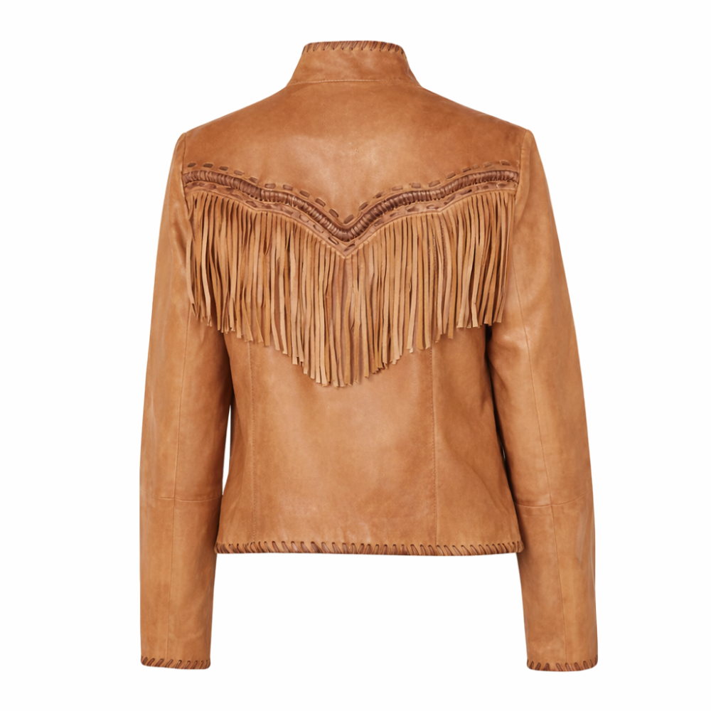Distressed leather western fringe jacket with worn finish and tassels
