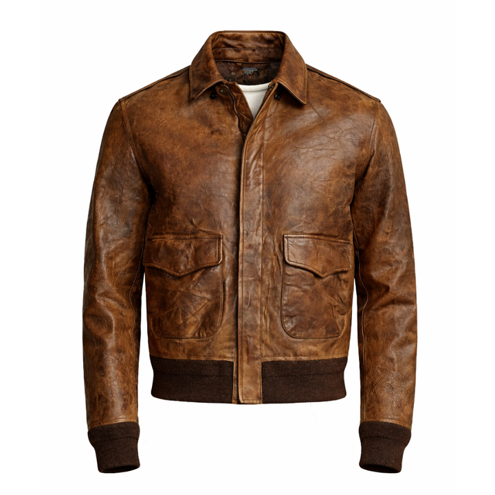 Vintage leather bomber jacket for men with classic biker style