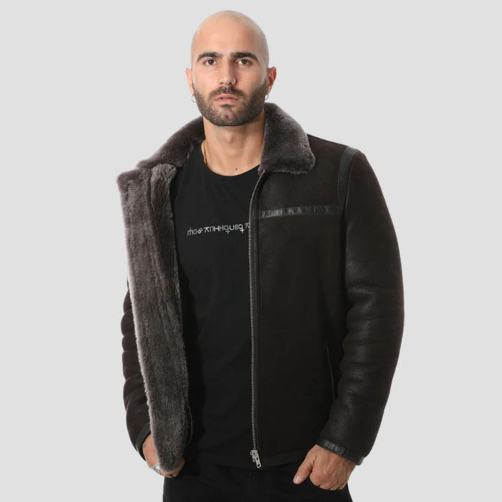 Warm and durable aviator shearling jacket for men in black and gray.