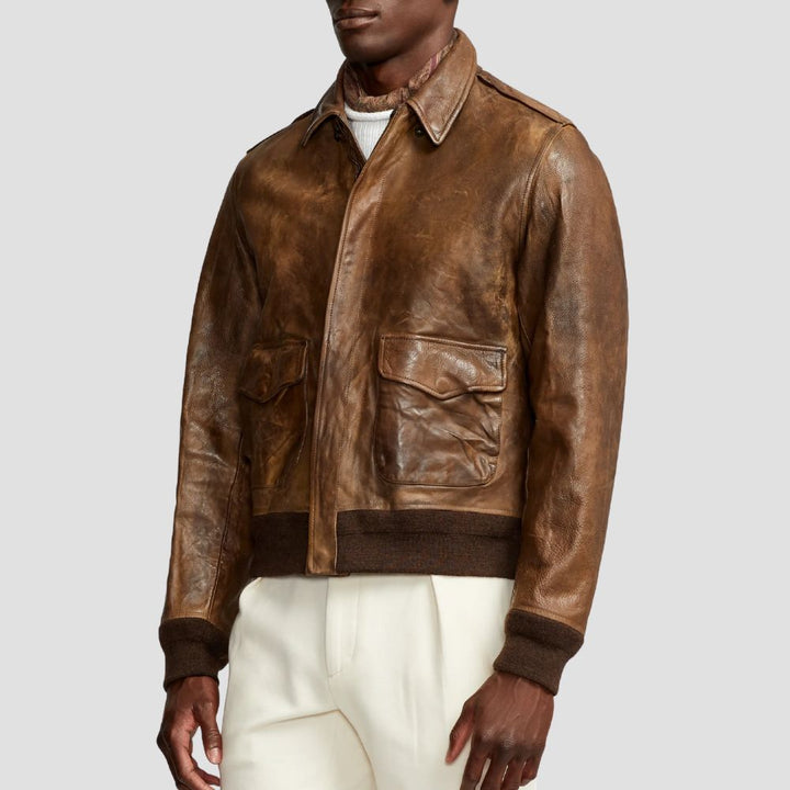 Embrace retro charm and classic biker aesthetics with this vintage leather bomber jacket, the perfect blend of style and function.