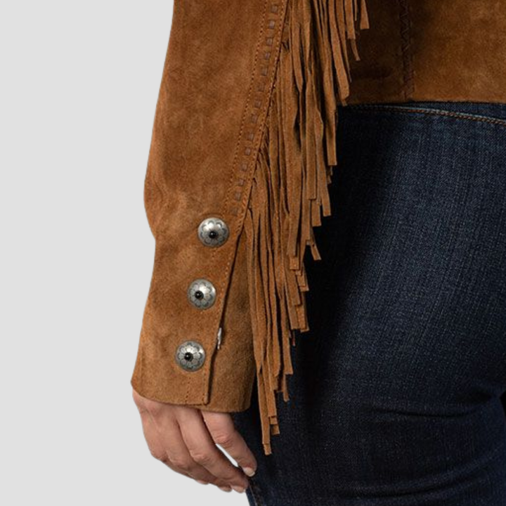 Make a statement with a vintage Western suede leather jacket for women. The fringes and soft suede bring a retro Western vibe to your wardrobe, making it the perfect jacket for casual wear.