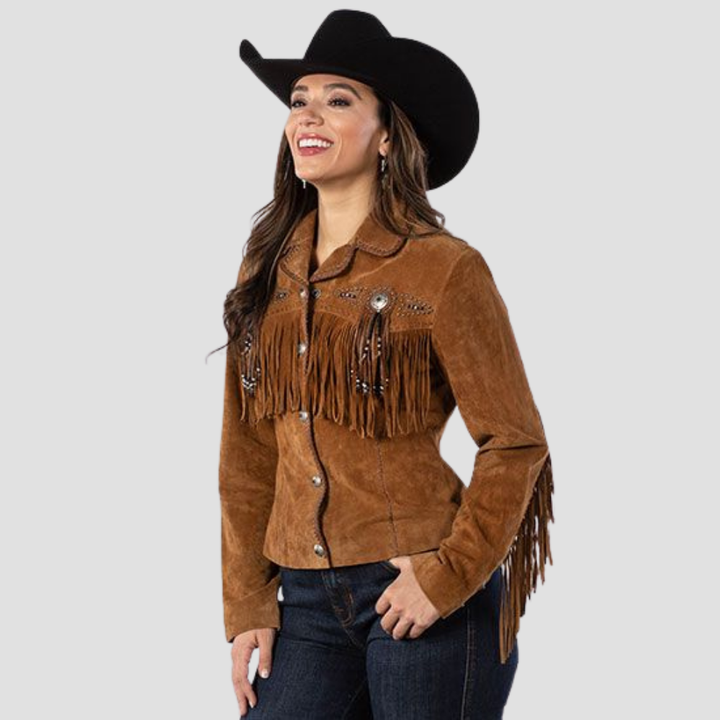 Elevate your wardrobe with a vintage Western suede leather jacket for women. The classic design, fringe accents, and soft suede create a chic, Western-inspired style perfect for any occasion.