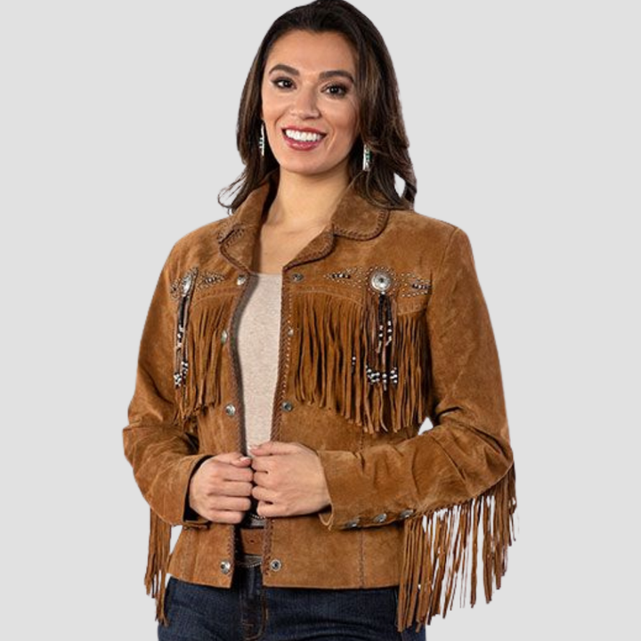Shop a vintage Western suede leather jacket for women with fringes. The rich suede material and fringed detailing offer a timeless, rustic look with a bold Western flair.