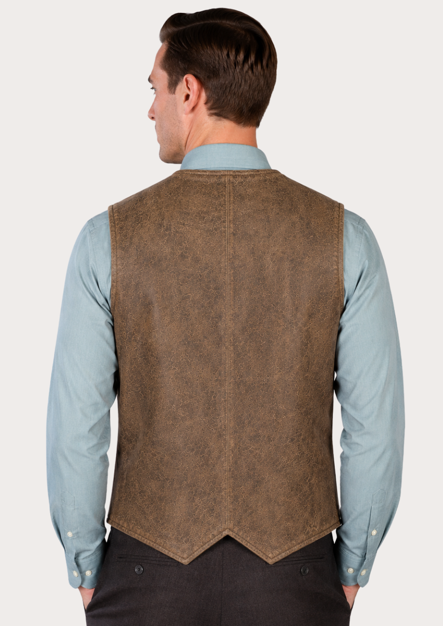 Vintage brown Western waistcoat featuring chest pocket and patch pockets