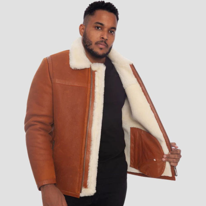 Classic brown aviator shearling jacket for men with thick white fur.