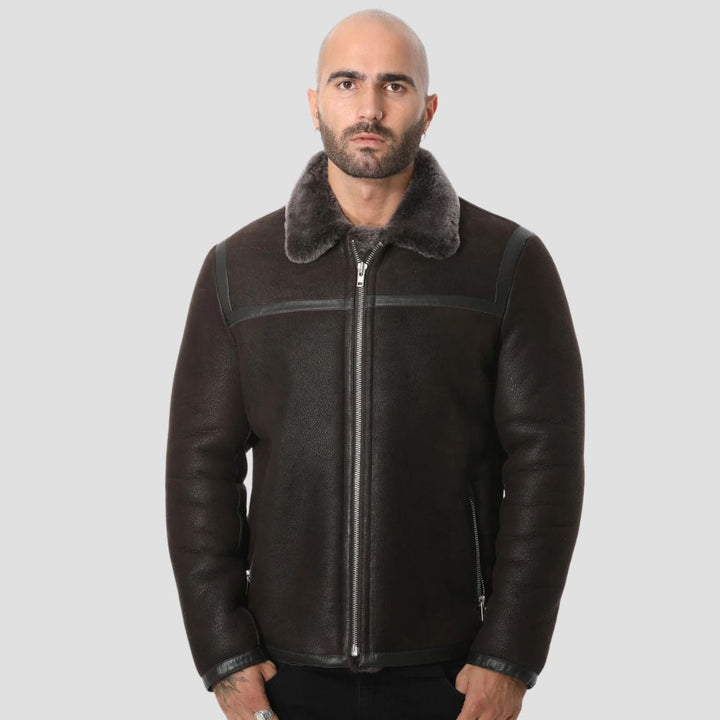 Black B3 bomber shearling jacket for men with fur collar.