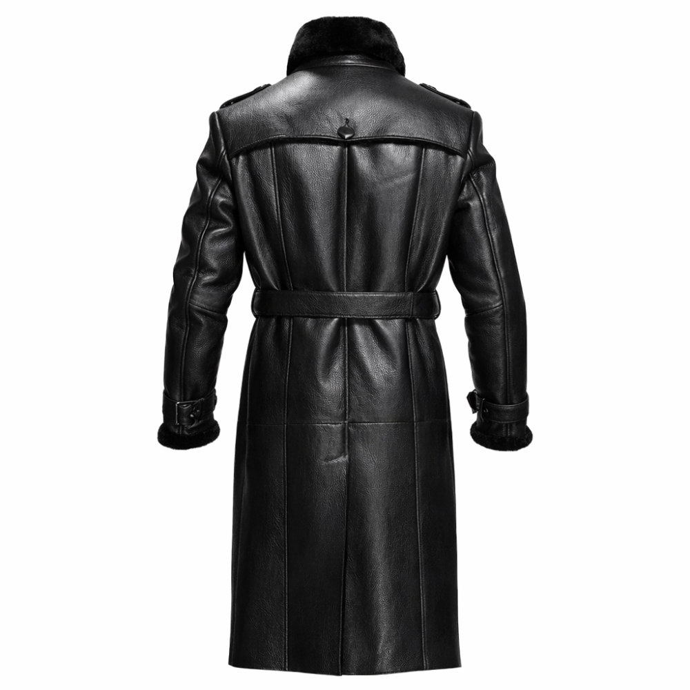 Men black shearling leather coat made from premium sheepskin