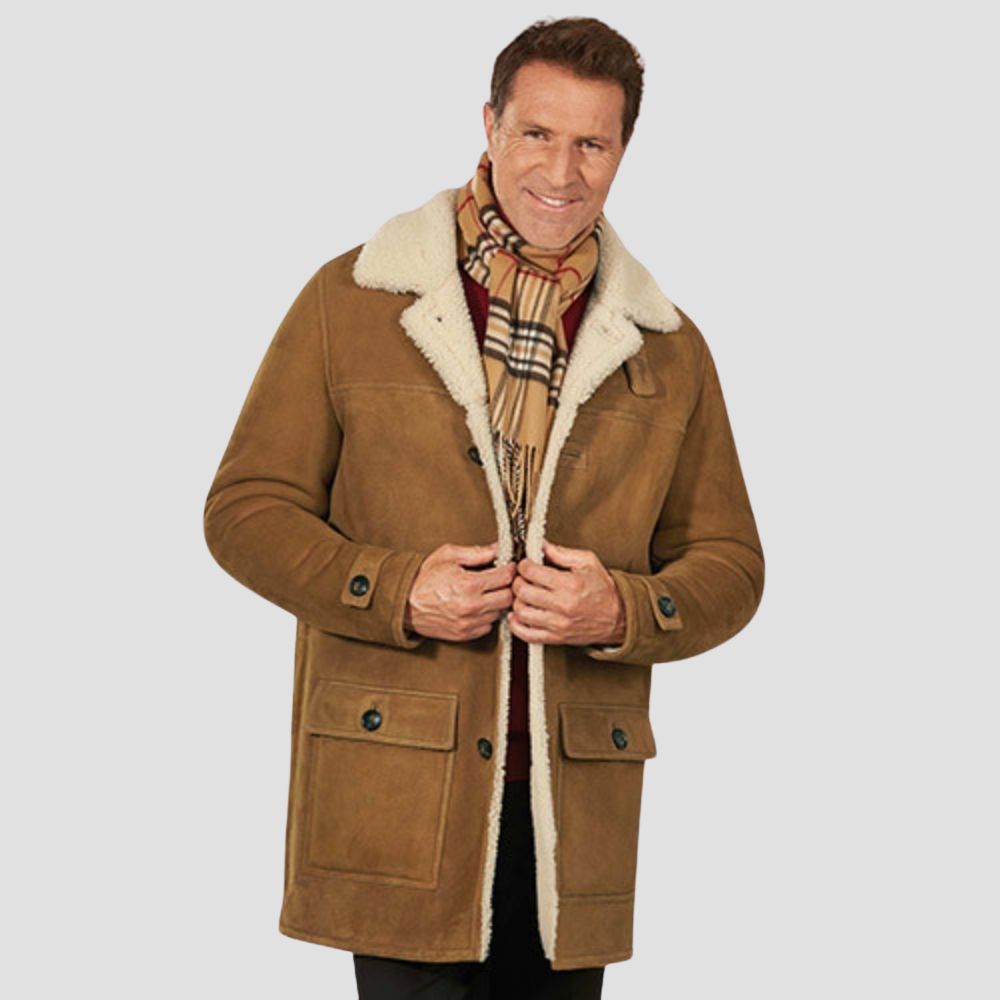 This suede leather jacket with sherpa fur lining is a must-have for versatile winter styling.