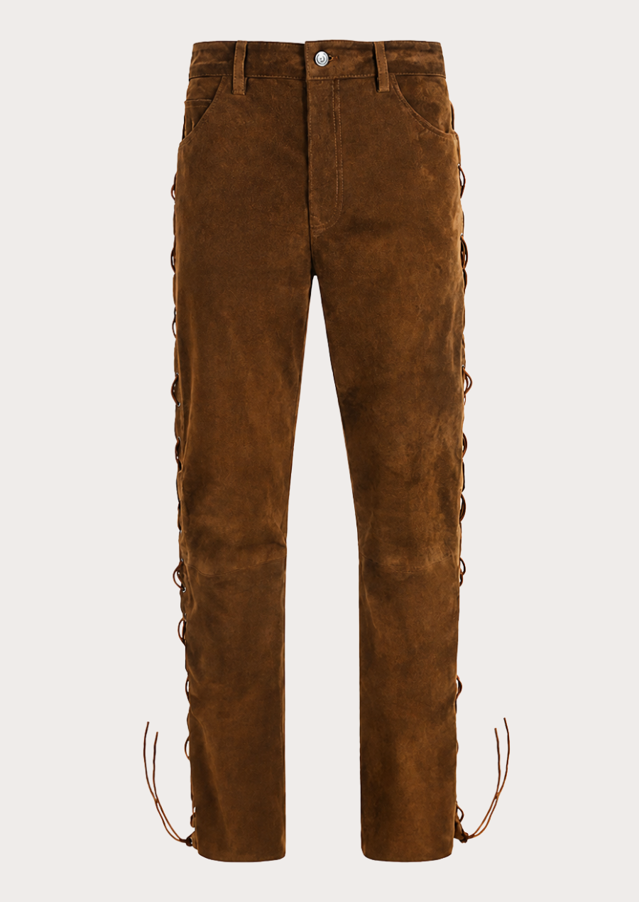 Western brown suede lace-up pants featuring vintage cowboy styling and distressed leather finish