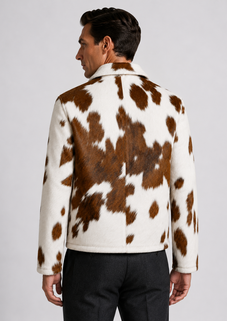 Western style men’s hair on hide cowhide coat with unique markings