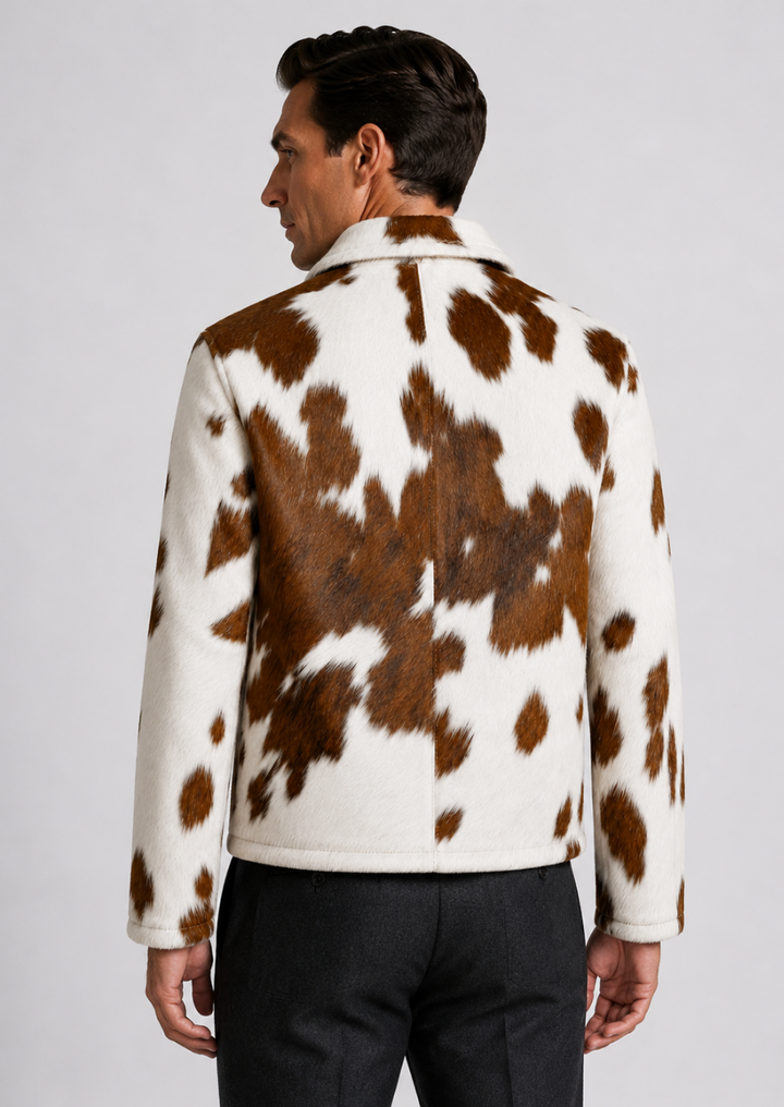 Western style men’s hair on hide cowhide coat with unique markings
