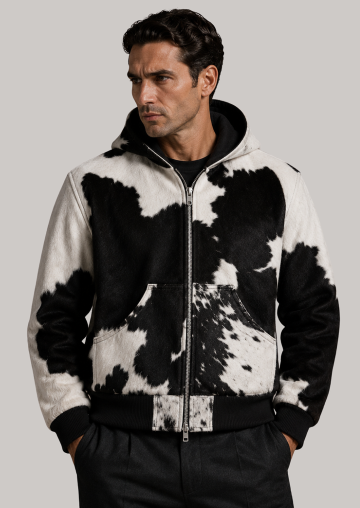 Stylish cow print hoodie for men featuring a comfortable zip front design