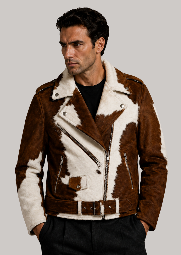 Handmade brown and white hair on hide leather jacket crafted from genuine cowhide