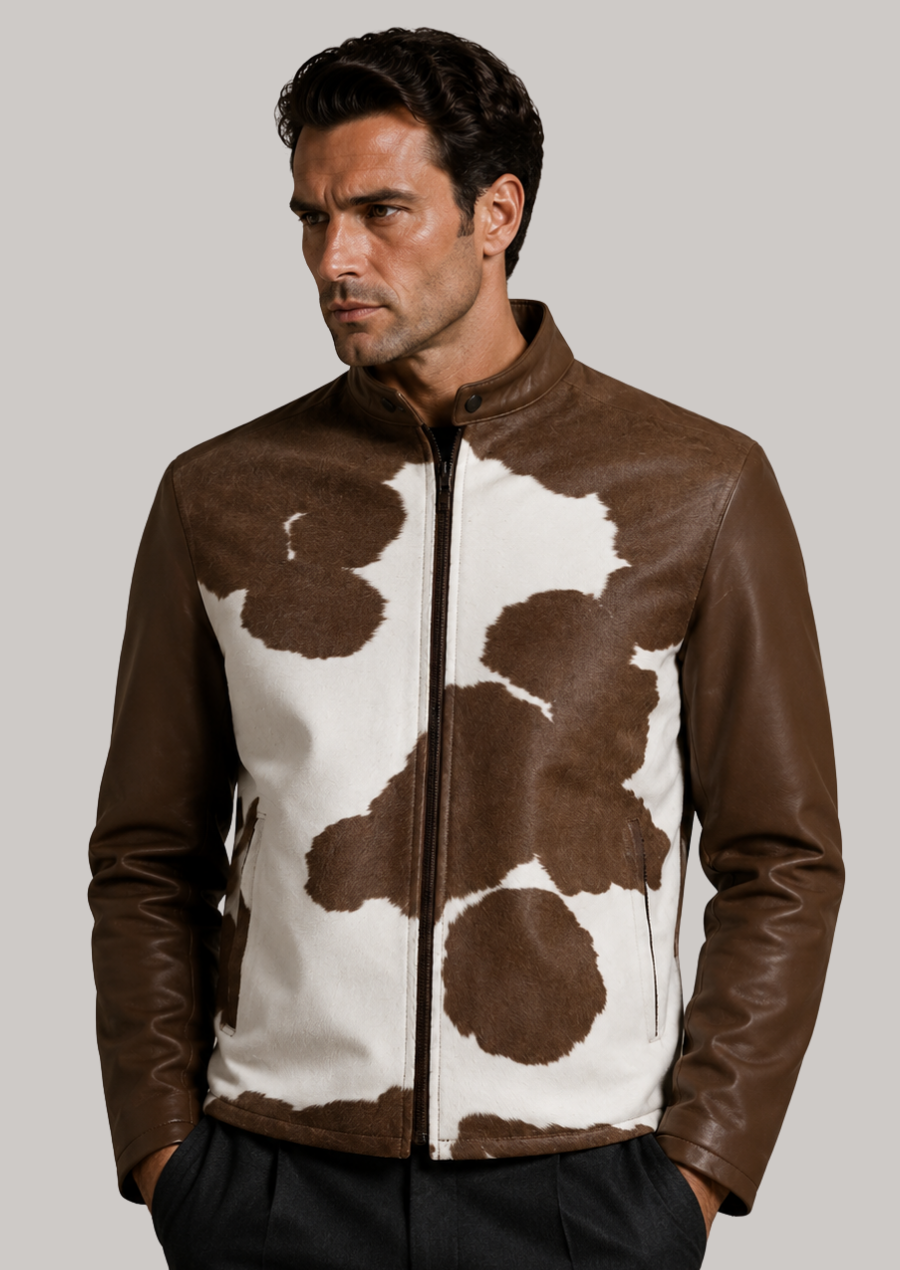 Western cowhide motorcycle jacket with leather sleeves and stand-up band collar