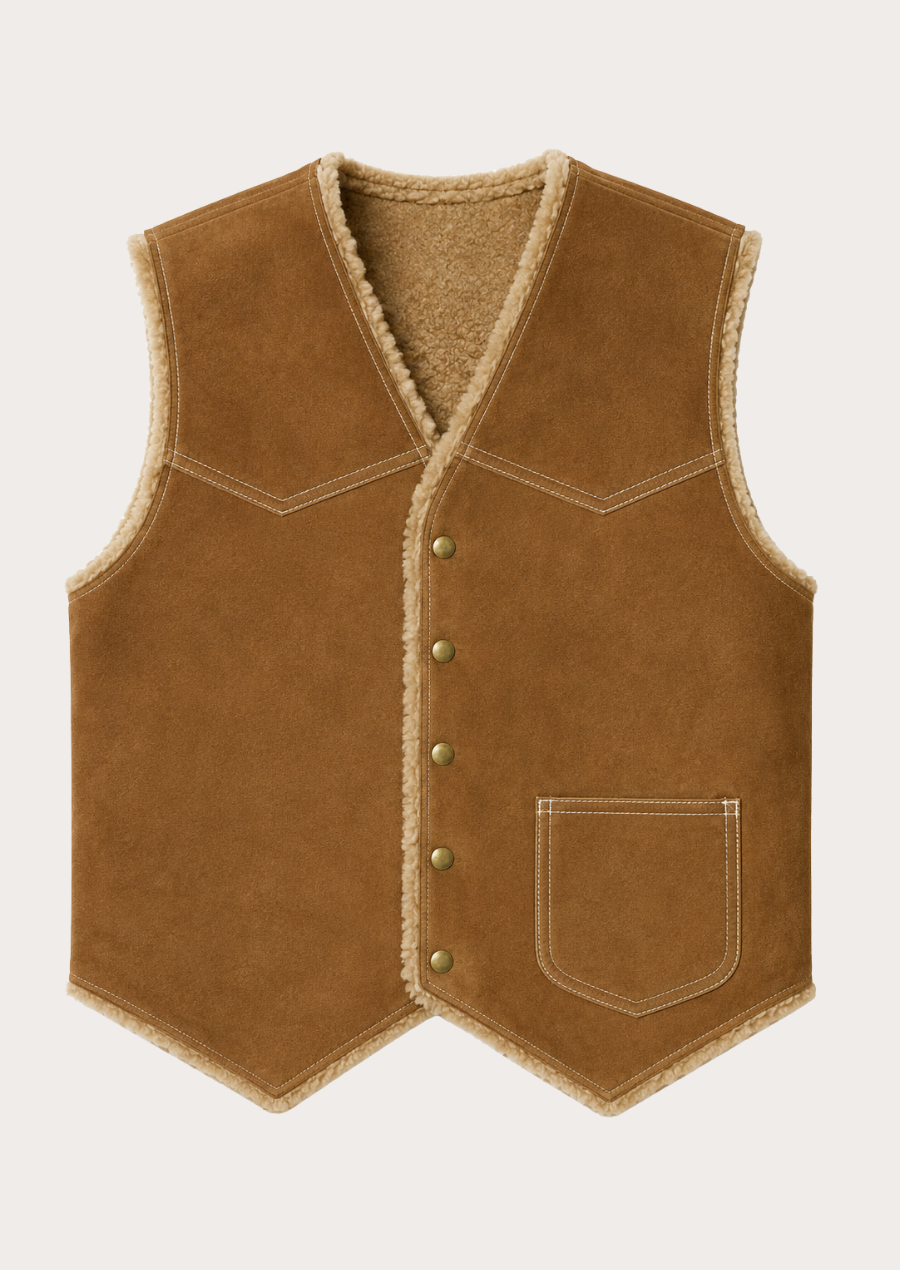 Western cowboy suede vest in tan brown with warm shearling interior.