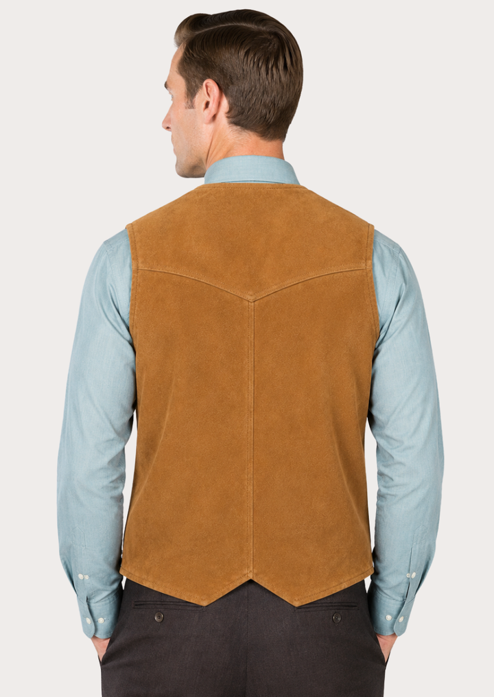 Authentic Western waistcoat for men in premium tan suede finish.