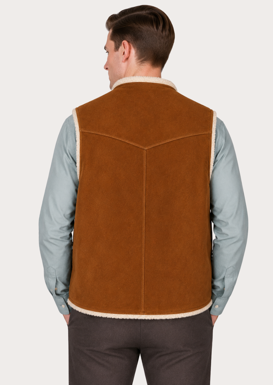Western shearling-lined suede vest for men with rustic brown finish.