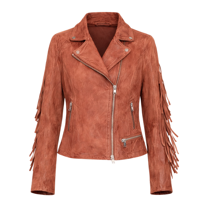 Western fashion fringe leather jacket for women with cowgirl styling