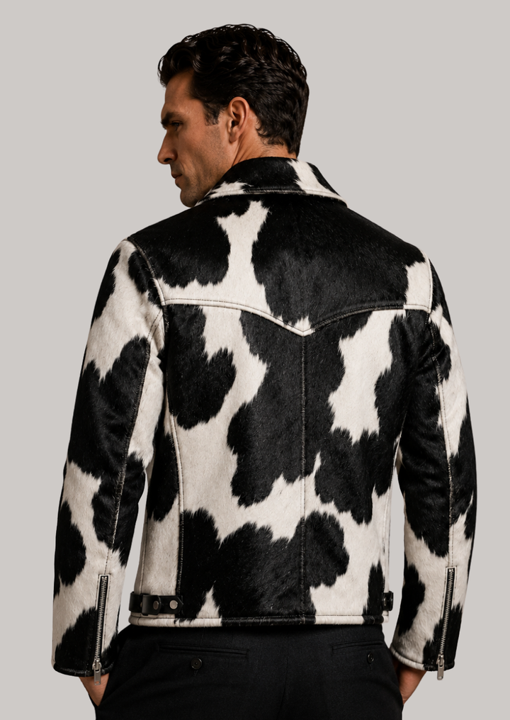 Handmade Texas rodeo cowhide leather biker jacket featuring black and white cow print pattern