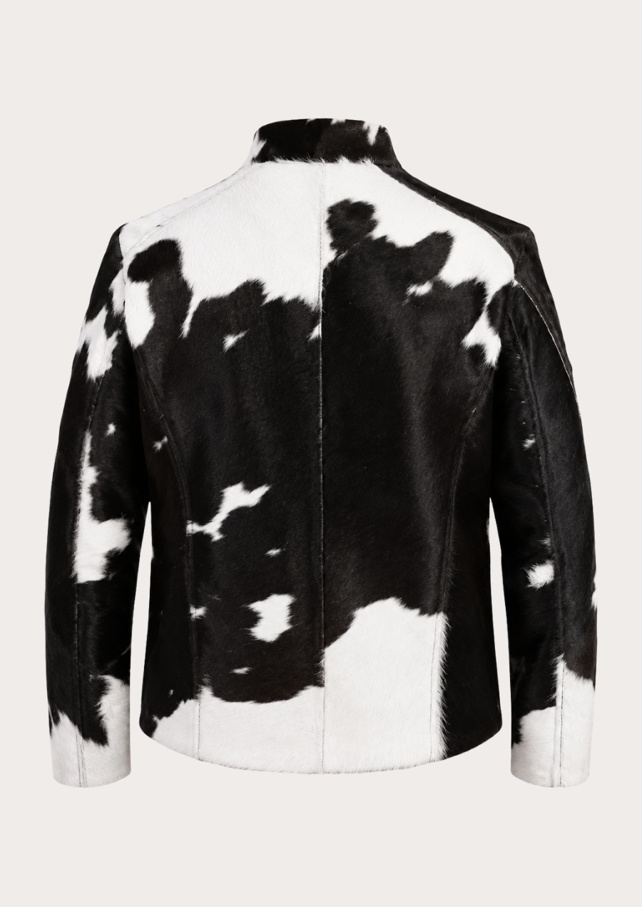 Men’s western cowhide fur jacket with natural black and white hide pattern