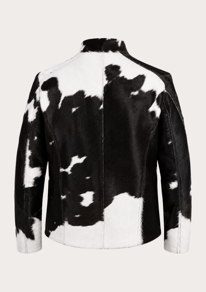 Men’s western cowhide fur jacket with natural black and white hide pattern