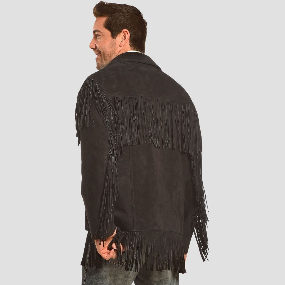 Make a statement with this classic black suede fringe jacket, ideal for adding a western flair to your casual and formal outfits.