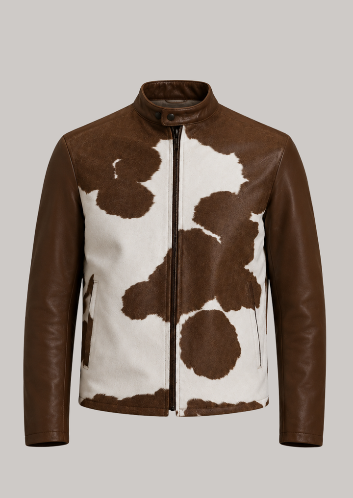 Western Moto Hair On Hide Cowhide Fur Jacket for men with natural brown and white cow print panels