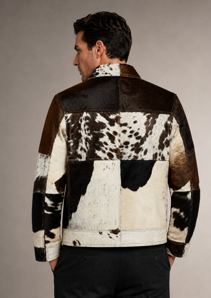 Western style men’s cowhide jacket with natural pony hide texture