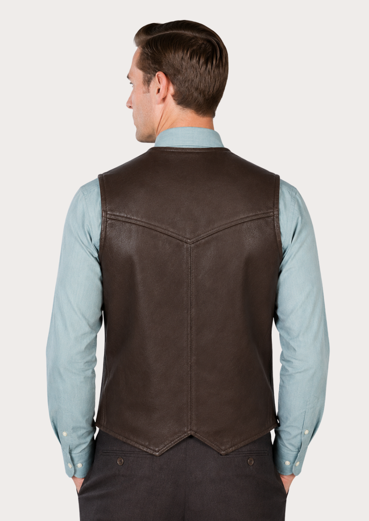 Dark brown Western ranch waistcoat with soft fur lining for men.