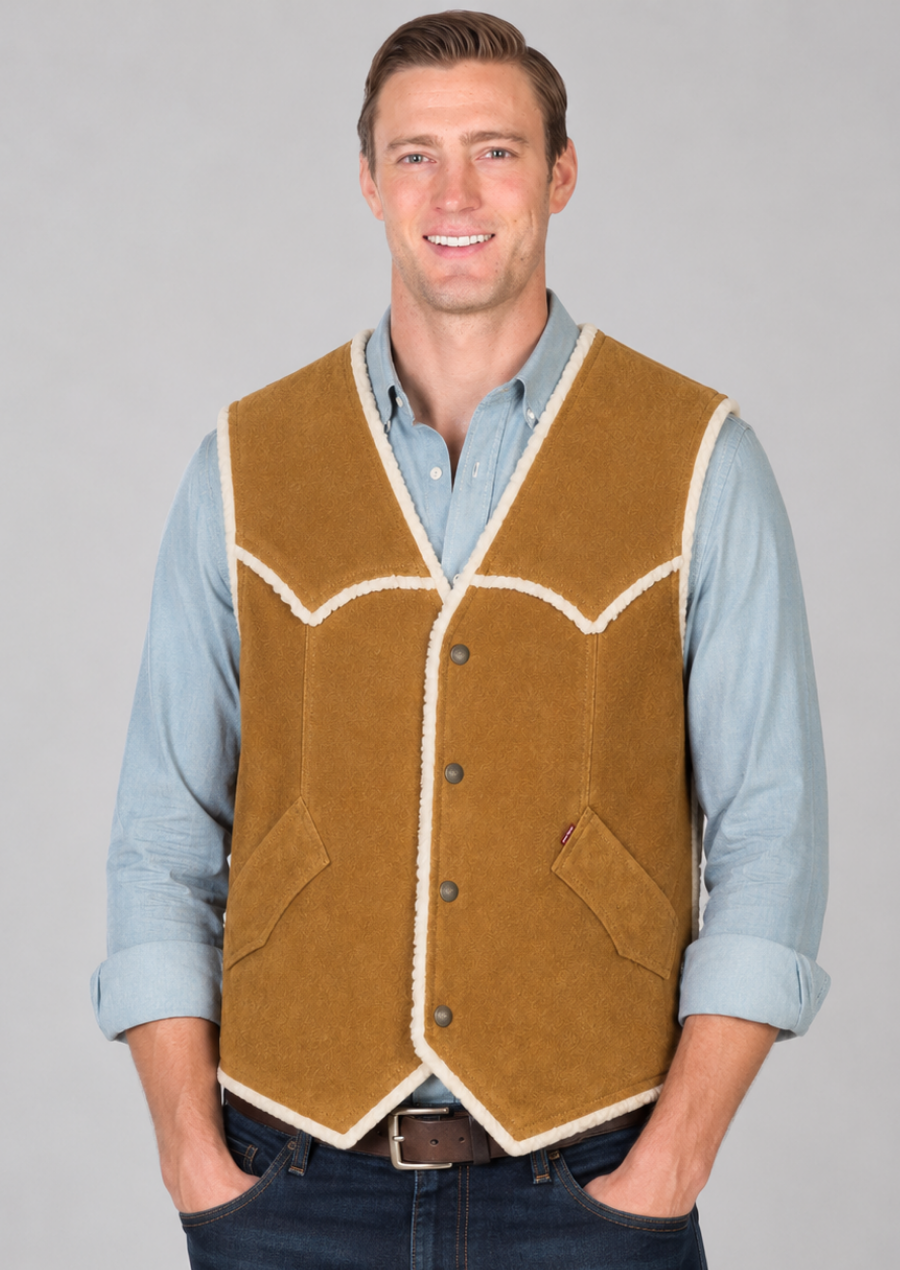 Ranch-style suede waistcoat featuring a soft shearling lining and side pockets