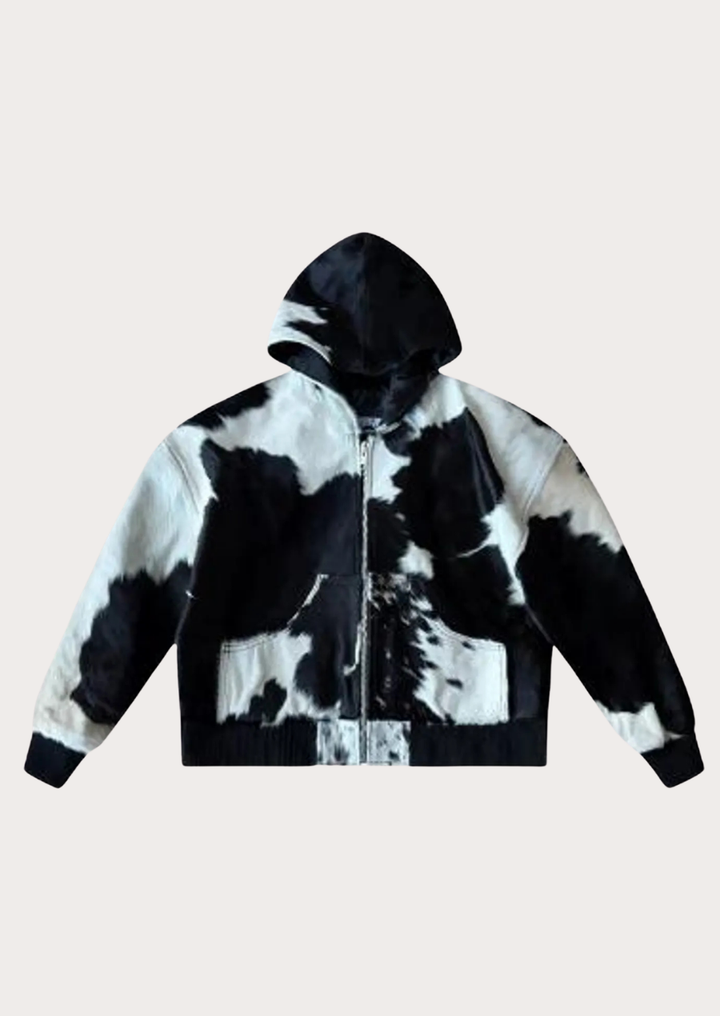 Western streetwear cow print zip up hoodie for men with trendy casual style