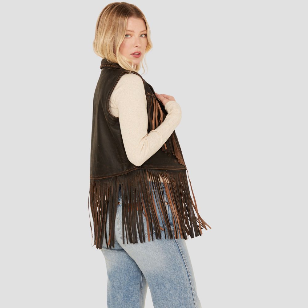 Fringed leather vest for women with a western and boho chic look, featuring unique fringe accents that bring a trendy, carefree style to your wardrobe.