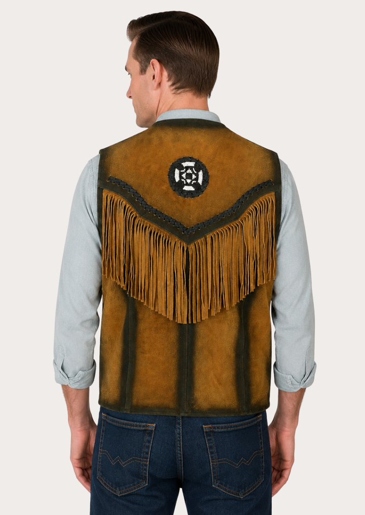 Brown cowboy leather vest crafted from premium suede with a distressed finish