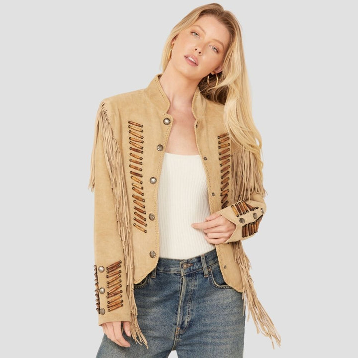 Shop trendy women’s Western suede jackets with fringe and tassels. This jacket combines soft suede with playful fringe and tassel details for a chic, Western-inspired style.