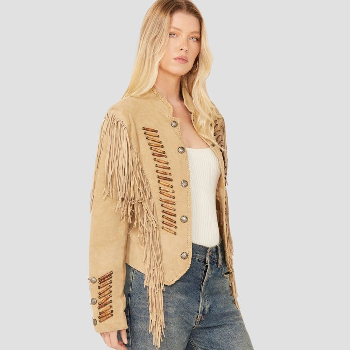  Elevate your wardrobe with a trendy women’s Western suede jacket featuring fringe and tassels. Perfect for adding a bold, stylish touch to your Western fashion collection.