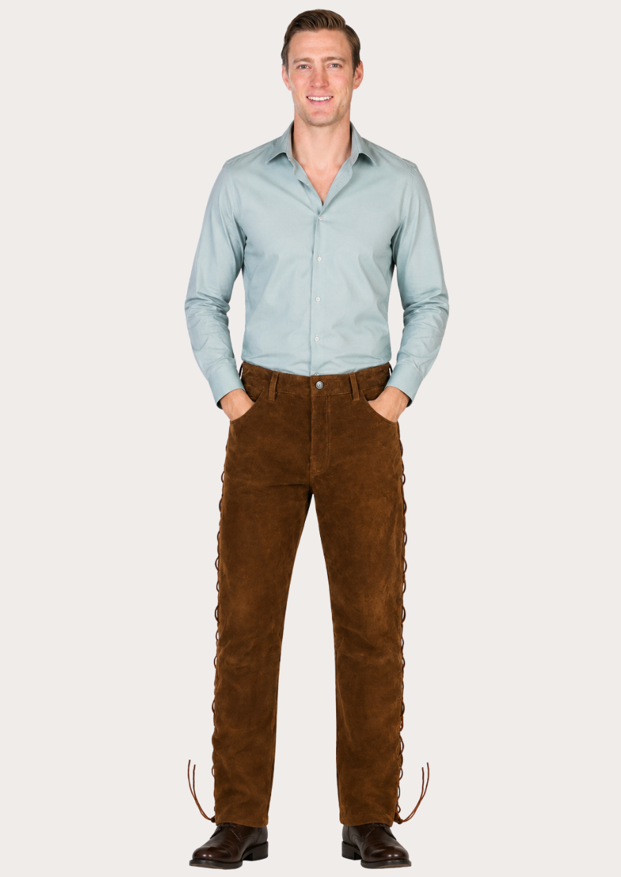 Rugged brown suede Western pants designed for rodeos, festivals, and cowboy fashion