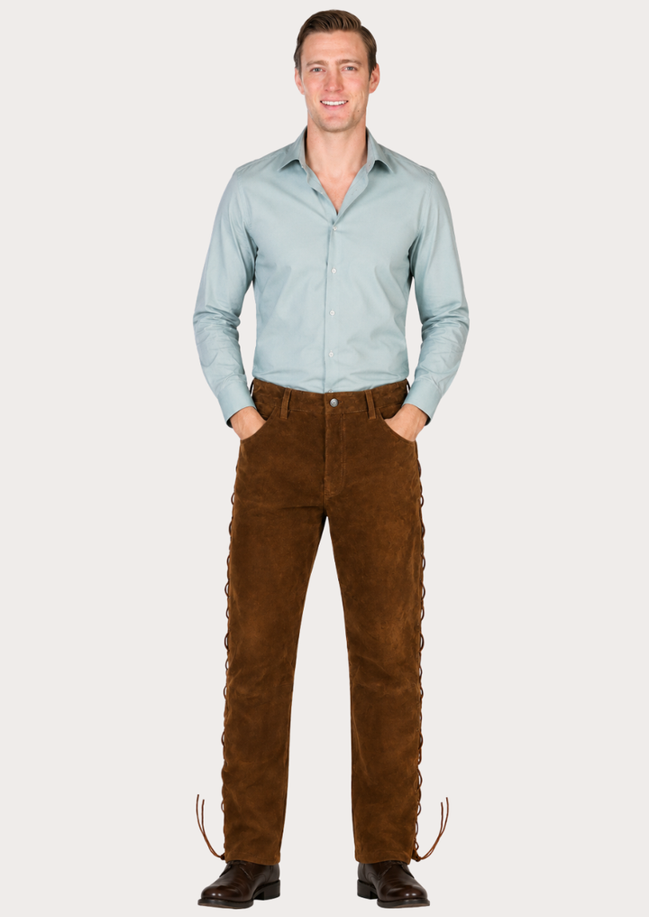 Rugged brown suede Western pants designed for rodeos, festivals, and cowboy fashion