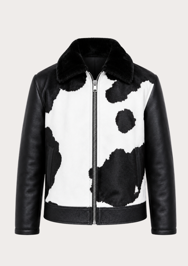 Black white cowhide leather bomber jacket with luxurious fur collar