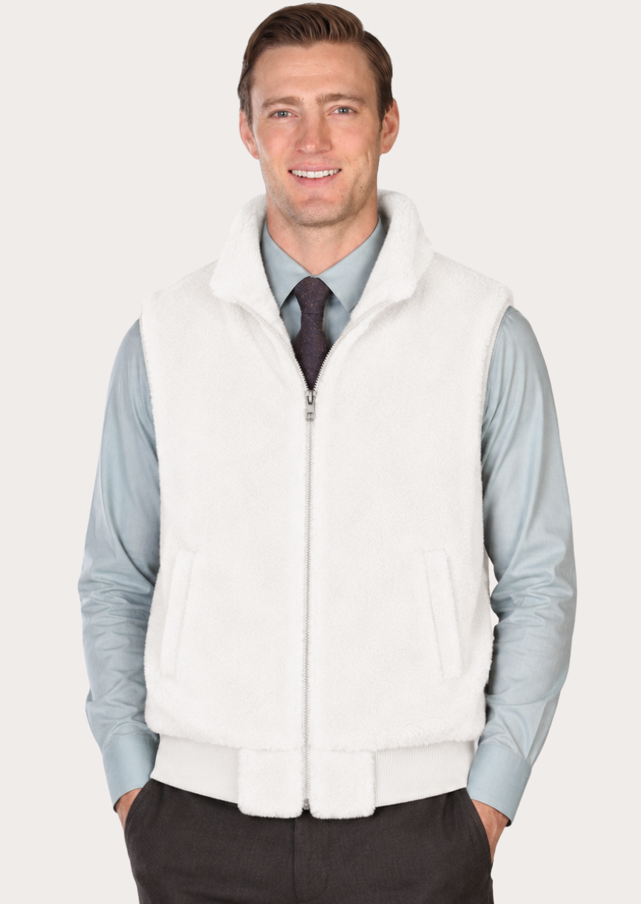 Luxury soft fur winter gilet in white with a sleeveless design and side pockets